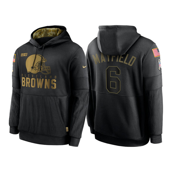 Men's Cleveland Browns #6 Baker Mayfield 2020 Black Salute to Service Sideline Performance Pullover Hoodie